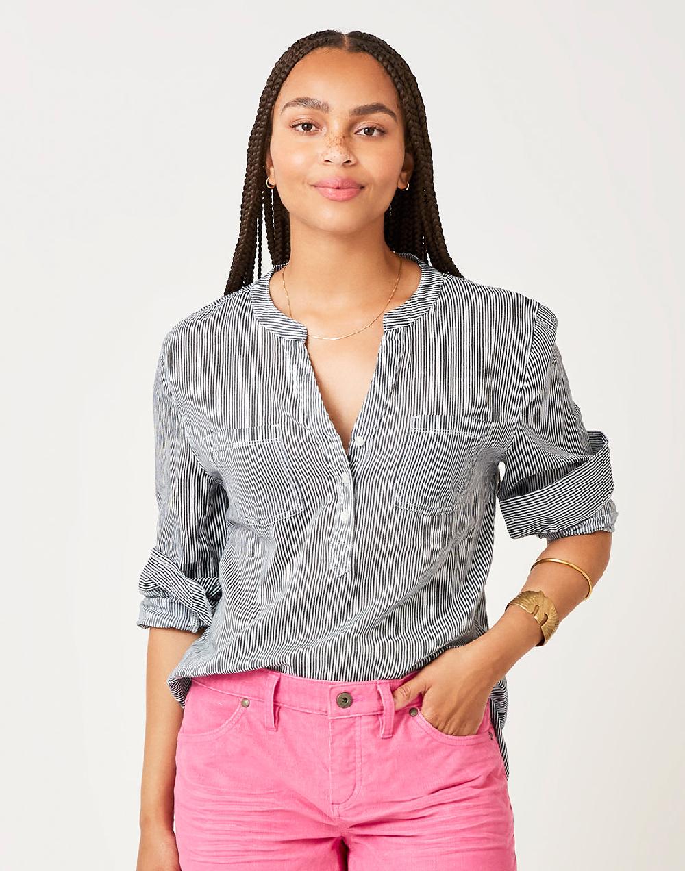 carve designs Dylan Gauze Shirt: Navy Mini Stripe