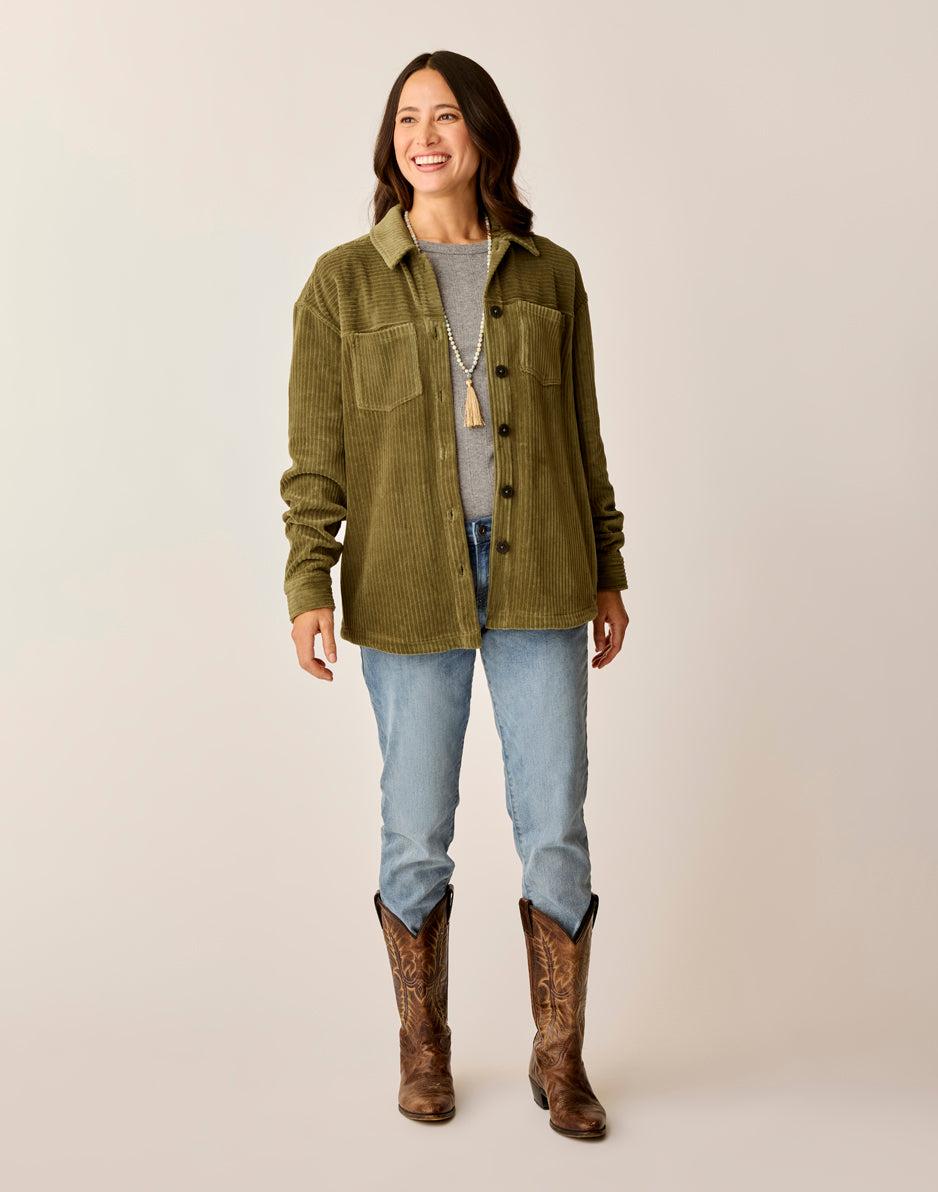 Carve Designs Hudson Stretch Cord Shacket: Fir