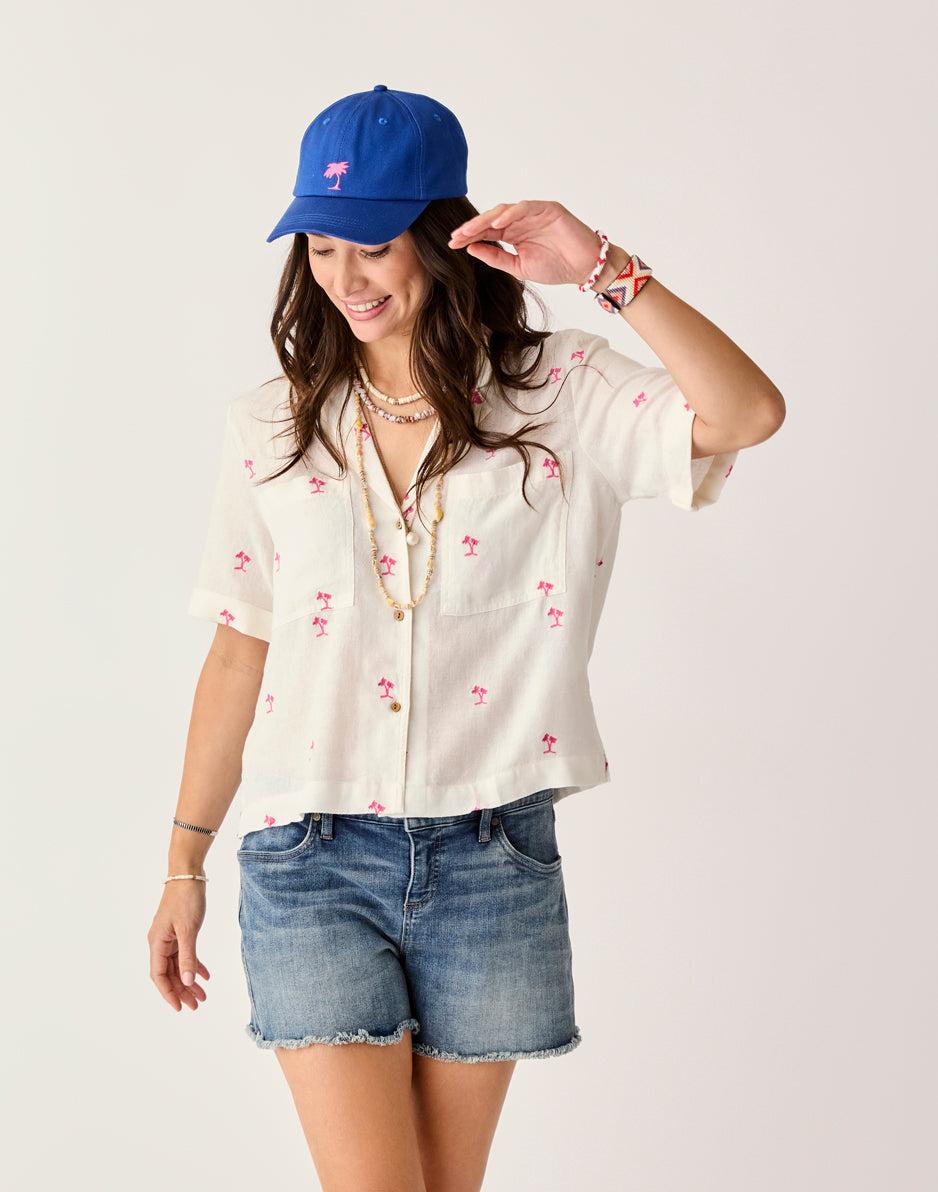 Carve Designs Luca Linen Shirt: Palm Embroidered