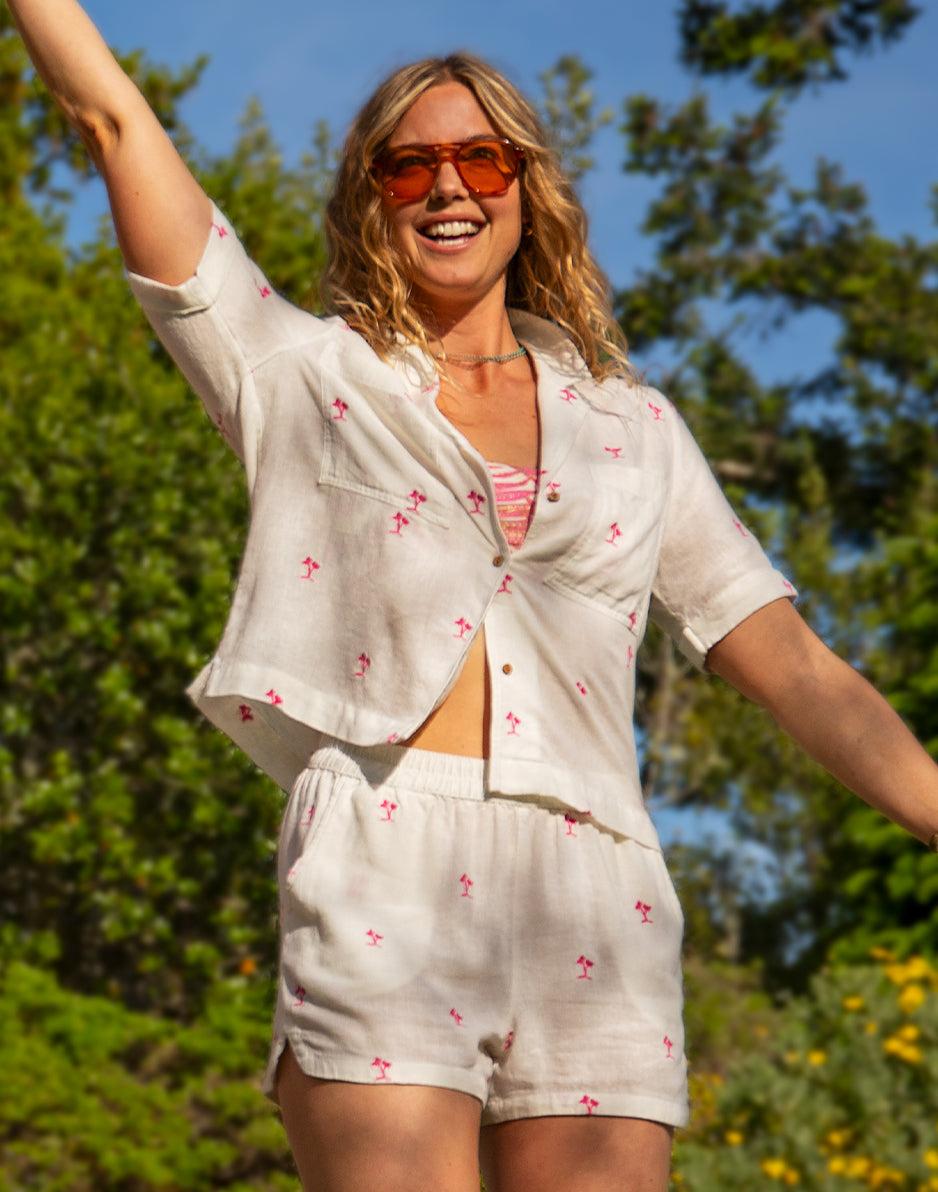 carve designs Luca Linen Shirt: Palm Embroidered