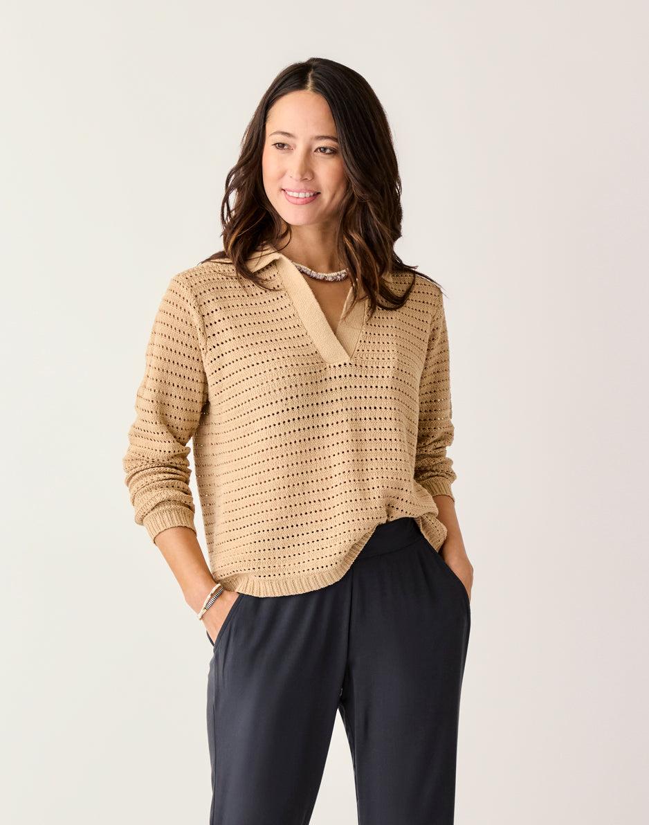 Carve Designs Morgan Polo Sweater: Biscuit
