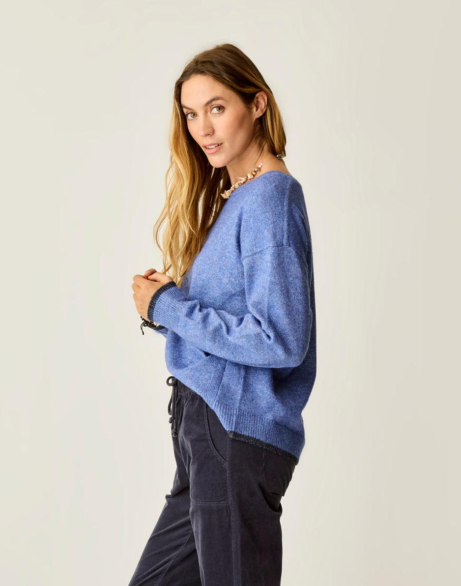 Carve Designs Drue Fuzzy Sweater: Capri Blue W. Dark Capri