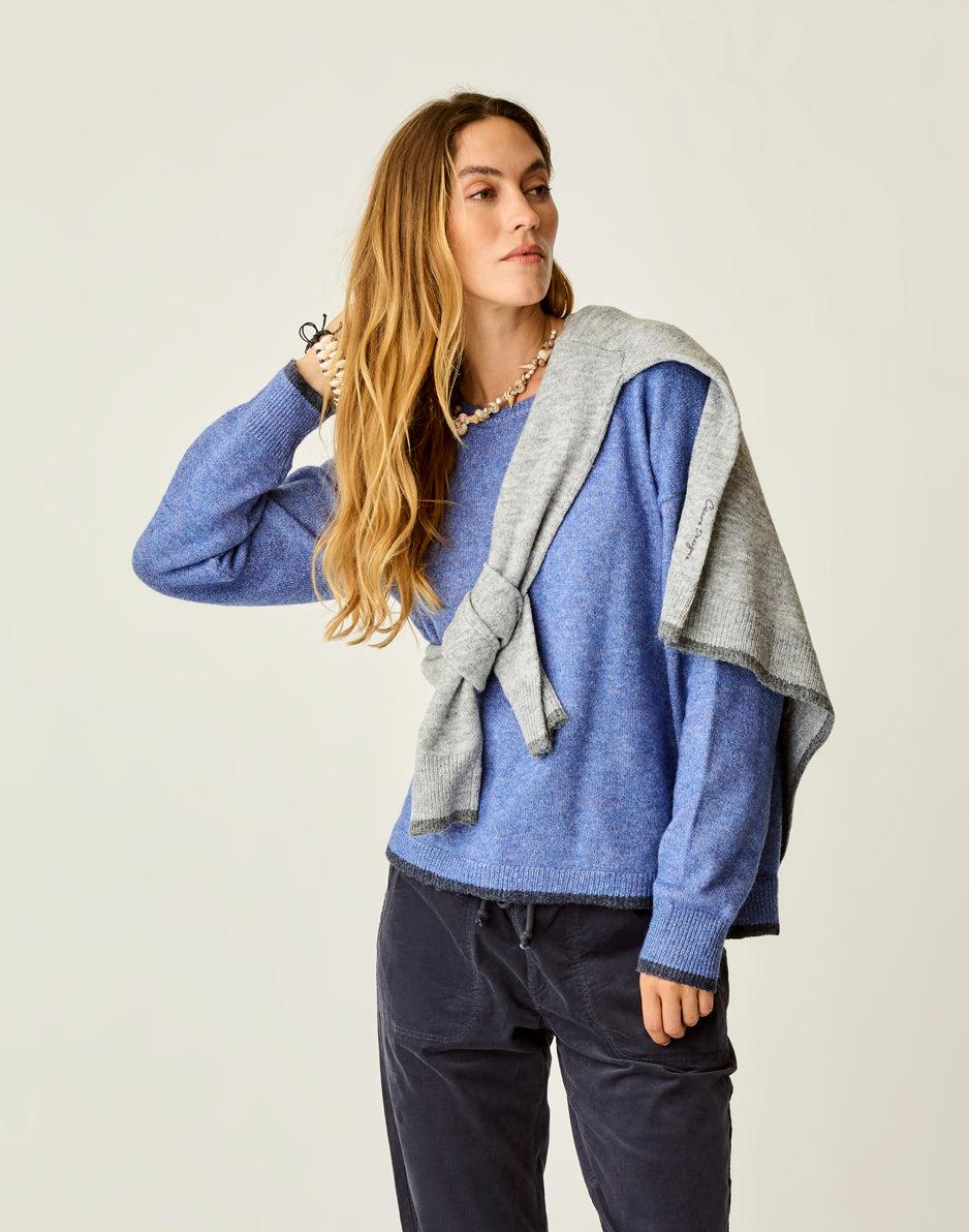 Carve Designs Drue Fuzzy Sweater: Capri Blue W. Dark Capri
