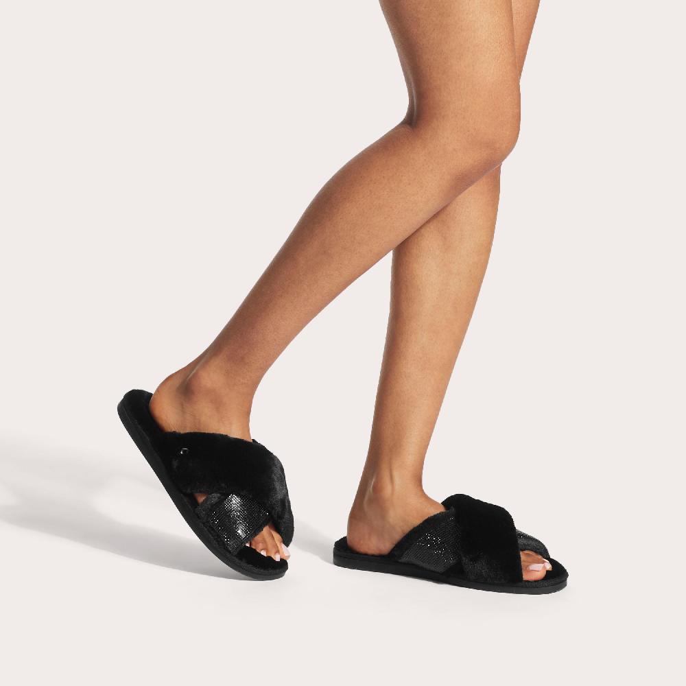 Carvela JEWEL X VAMP Black Faux Fur Crossed Slip On Slippers By CARVELA