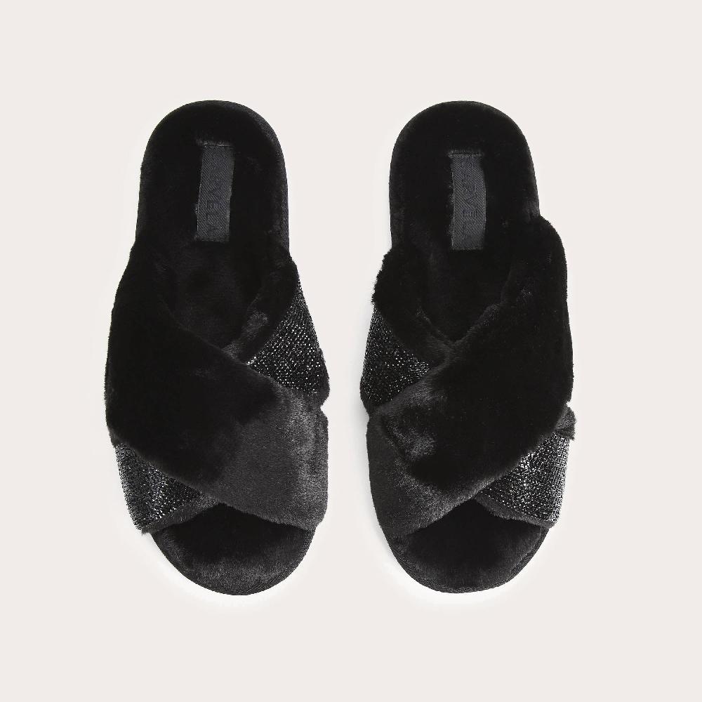 Carvela JEWEL X VAMP Black Faux Fur Crossed Slip On Slippers By CARVELA