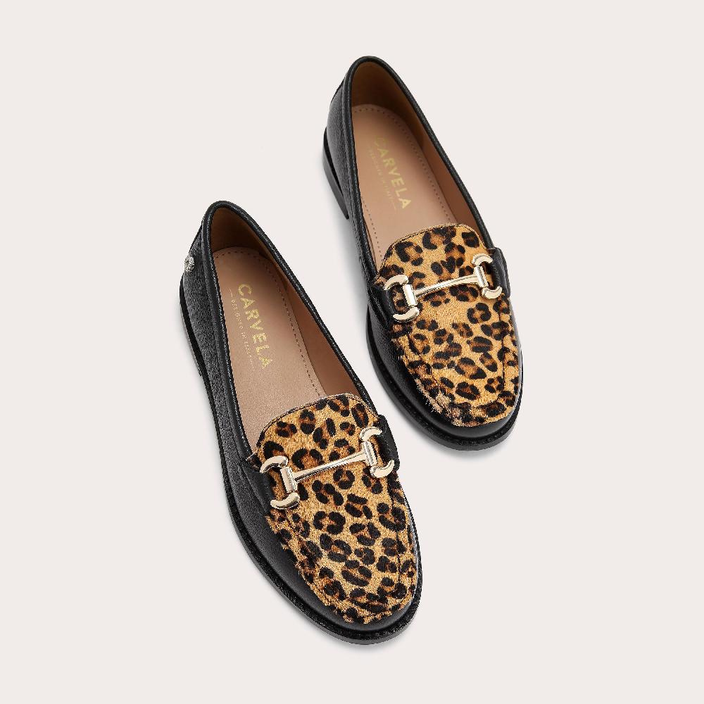 Carvela SNAP Black Pebble Grain Leopard Leather Slip On Loafer By CARVELA