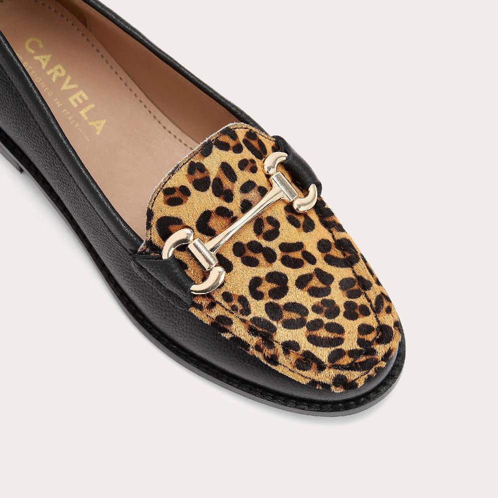 Carvela SNAP Black Pebble Grain Leopard Leather Slip On Loafer By CARVELA