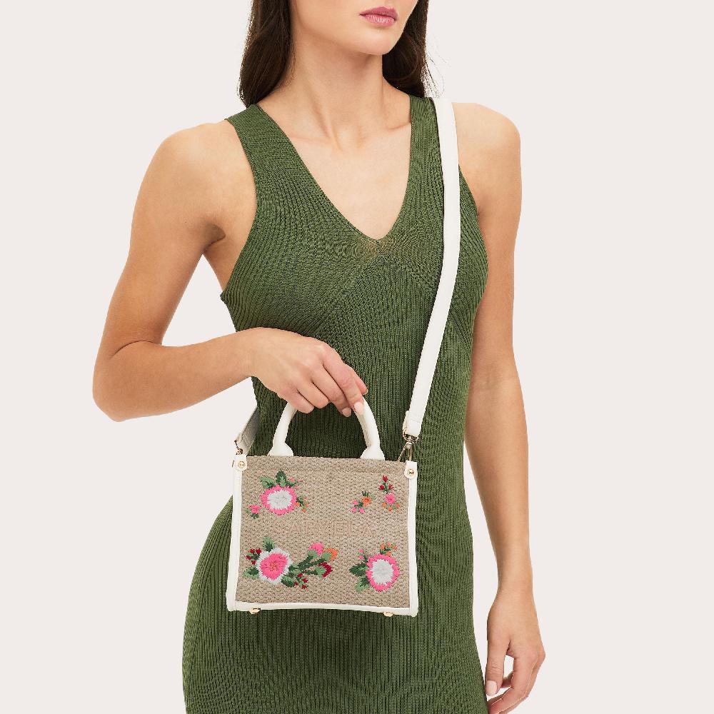 Carvela SORRENTO MICRO TOTE Natural Raffia Floral Micro Tote Bag By CARVELA