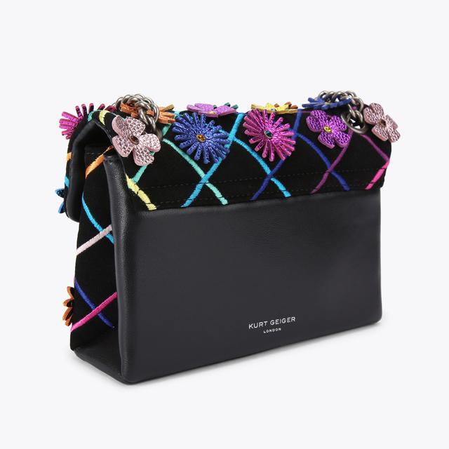 Carvela By Kurt Geiger MINI KENSINGTON FLOWERS Black Suede Flower Mini Cross Body Bag By KURT GEIGER LONDON