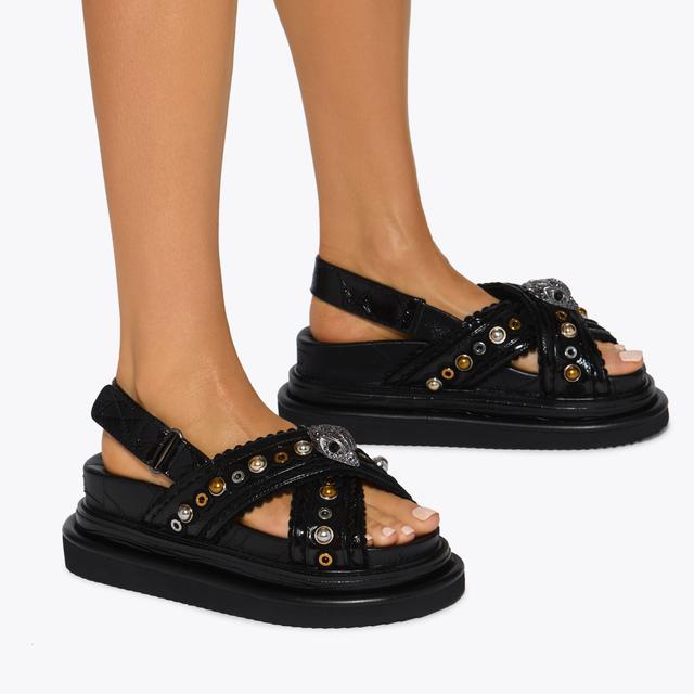 Carvela By Kurt Geiger ORSON CROSS SCALLOP Black Patent Scallop Sandal By KURT GEIGER LONDON