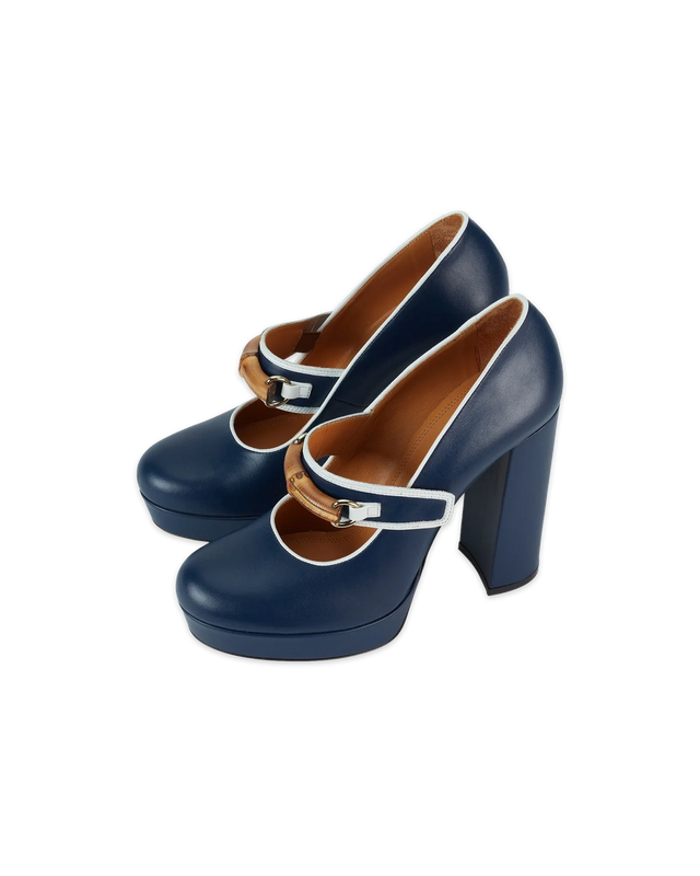 Casablanca Navy Leather Bamboo Pumps | Casablanca Paris