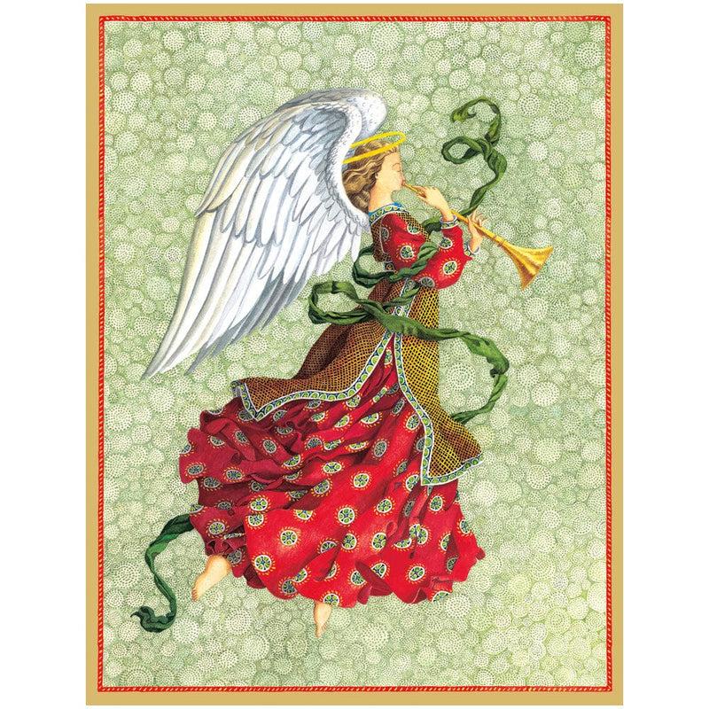 caspari Angel In Red Dress With Trumpet C-Sized Christmas Cards Pack in Cello - 5 Cards & 5 Envelopes