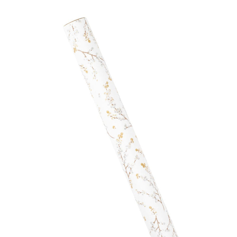 Caspari Berry Branches Gift Wrapping Paper In White & Silver - 30" X 8' Roll
