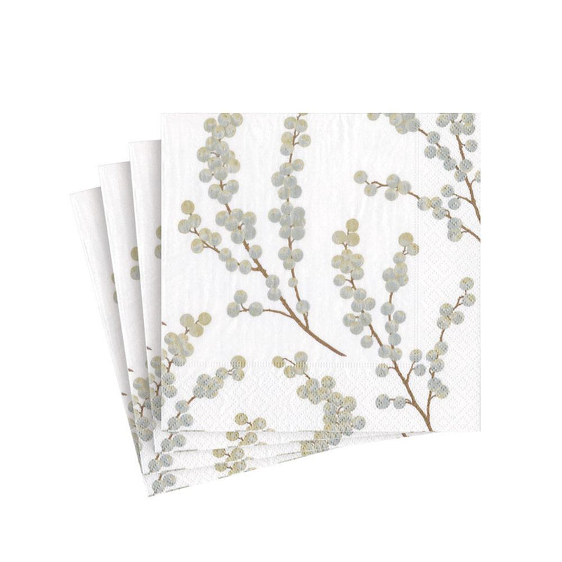 Caspari Berry Branches Paper Cocktail Napkins In White & Silver - 20 Per Package