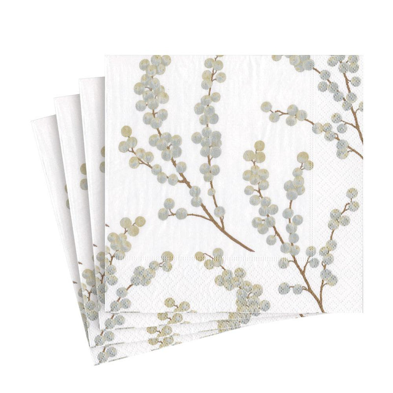 Caspari Berry Branches Paper Luncheon Napkins In White & Silver - 20 Per Package