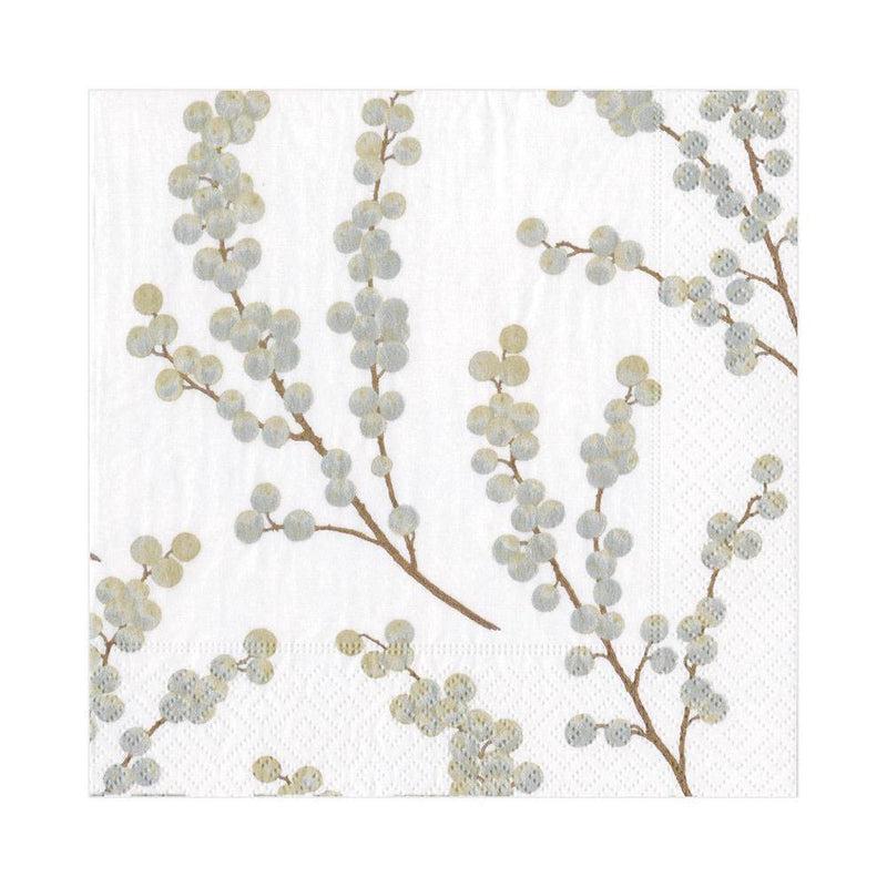 caspari Berry Branches Paper Luncheon Napkins in White & Silver - 20 Per Package