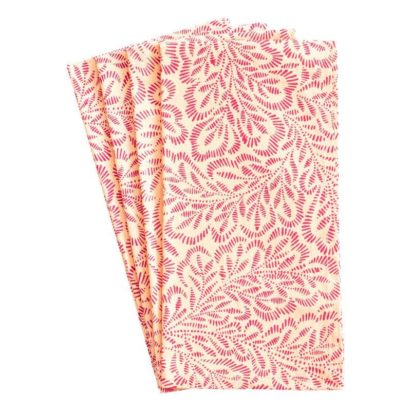Caspari Block Print Leaves Cotton Dinner Napkins In Coral & Fuchsia - Set Of 4