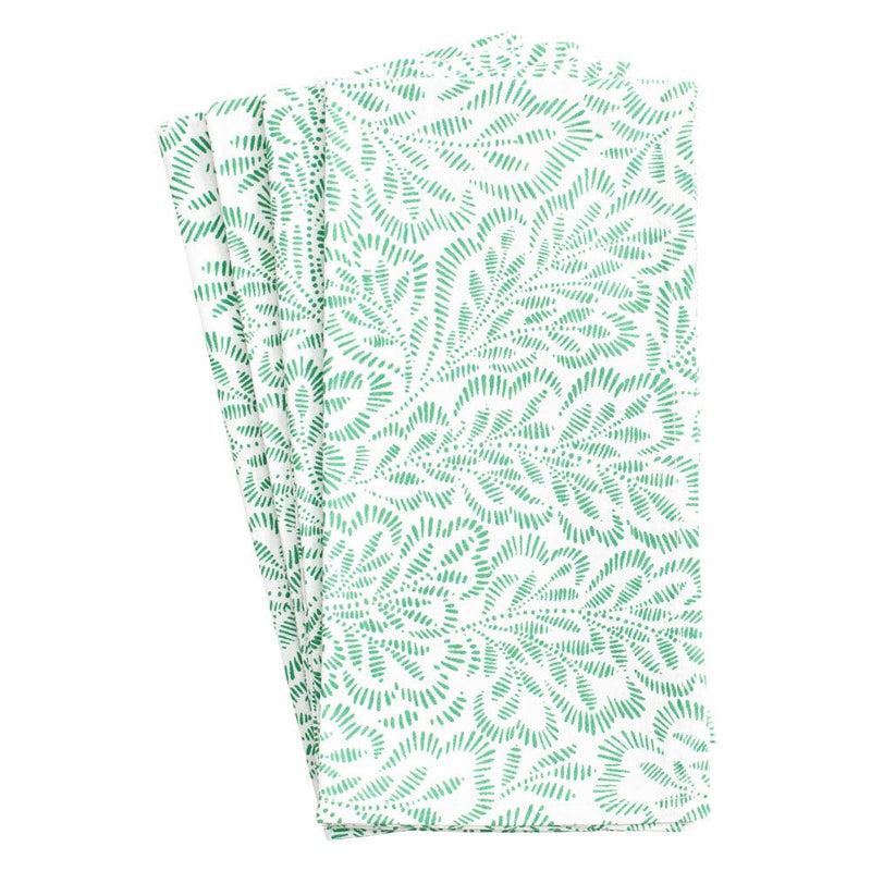 Caspari Block Print Leaves Cotton Dinner Napkins In Green & White - Set Of 4
