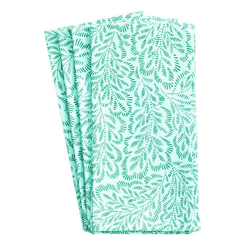 Caspari Block Print Leaves Cotton Dinner Napkins In Turquoise & Green - Set Of 4