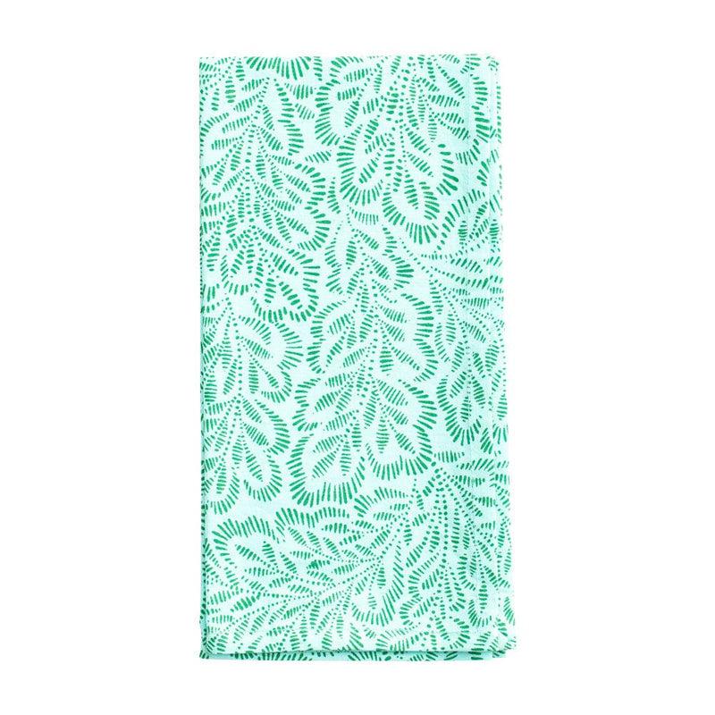 caspari Block Print Leaves Cotton Dinner Napkins in Turquoise & Green - Set of 4
