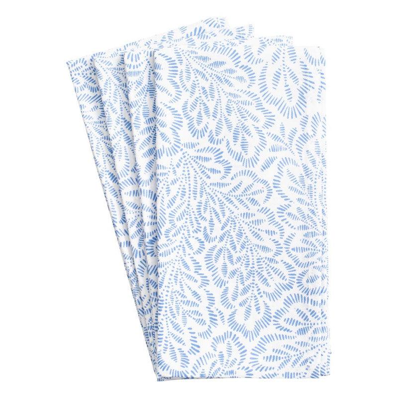 Caspari Block Print Leaves Cotton Dinner Napkins In White & Blue - Set Of 4