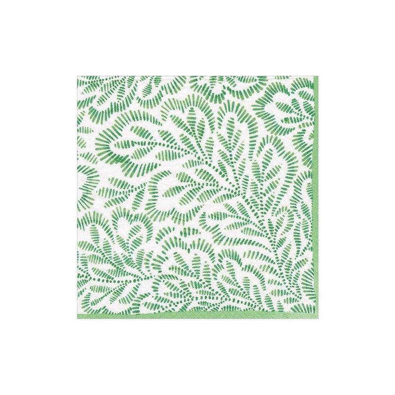 caspari Block Print Leaves Paper Cocktail Napkins in Green - 20 Per Package