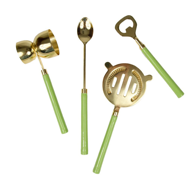 Caspari Moss Green & Shiny Brass Bar Tool Sets