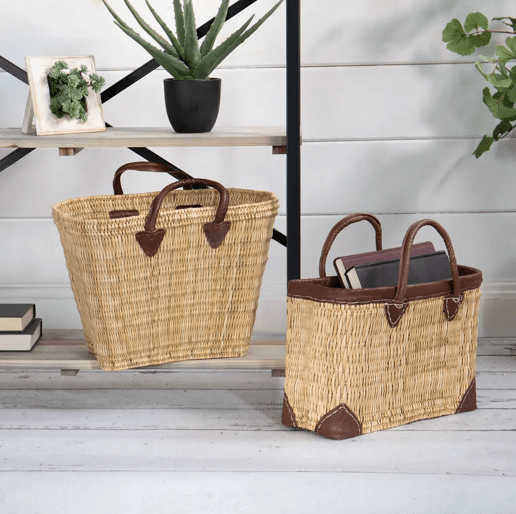 Caspari Rectangle Straw & Leather Tote 16.5" - 1 Each