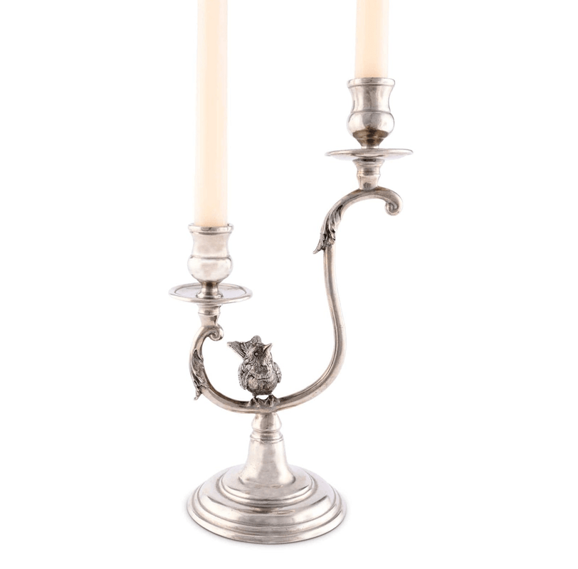 caspari Two Taper Pewter Song Bird Candelabra