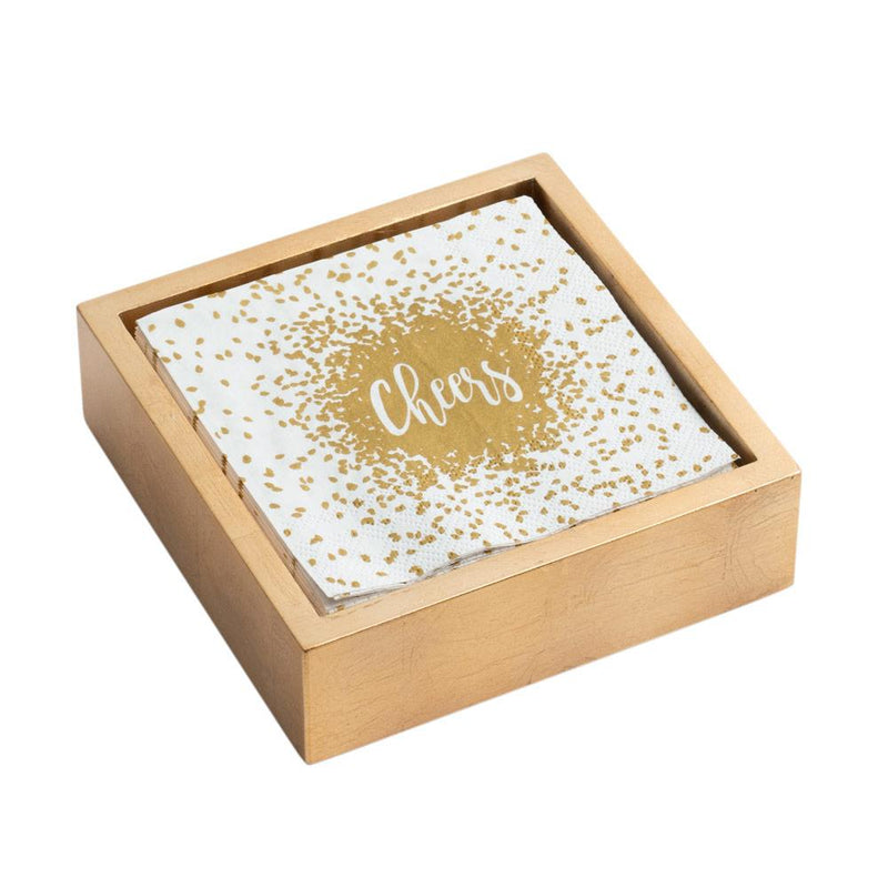 caspari Cheers Cocktail Napkins & Gold Lacquer Holder Gift Set