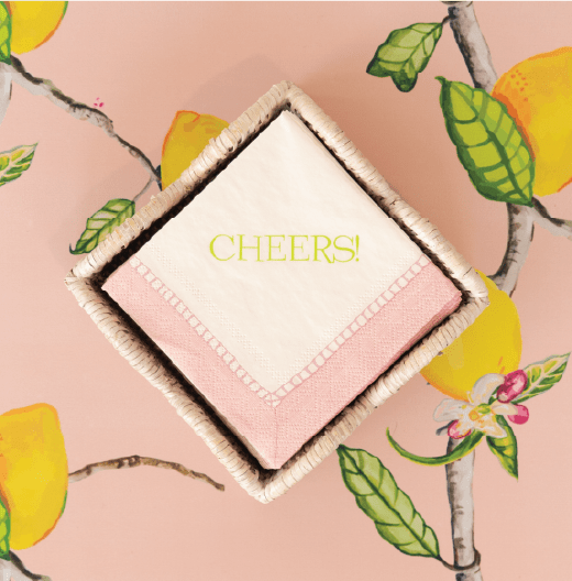 Caspari Cheers Paper Cocktail Napkins - Linen Border In Petal Pink