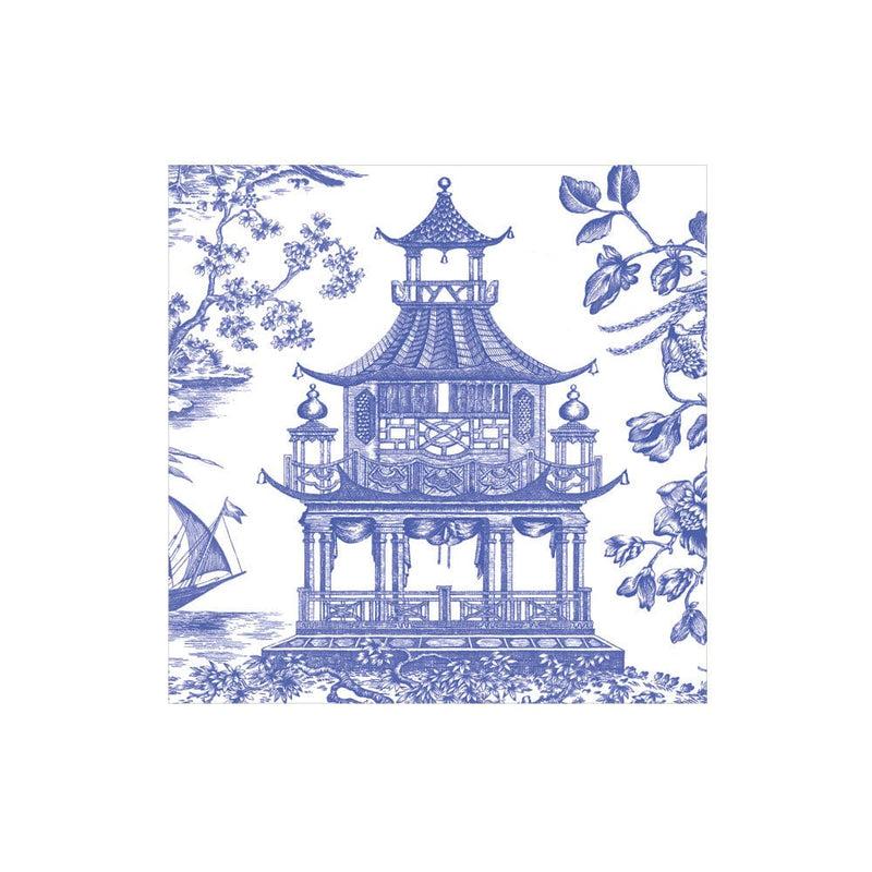 caspari Chinoiserie Toile Pagoda Boxed Cocktail Napkins in Blue - 40 Per Box