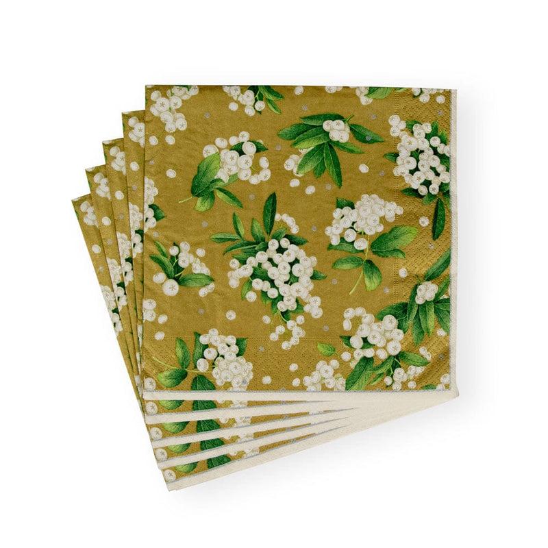 Caspari Christmas Berry Paper Dinner Napkins In Gold & White - 20 Per Package