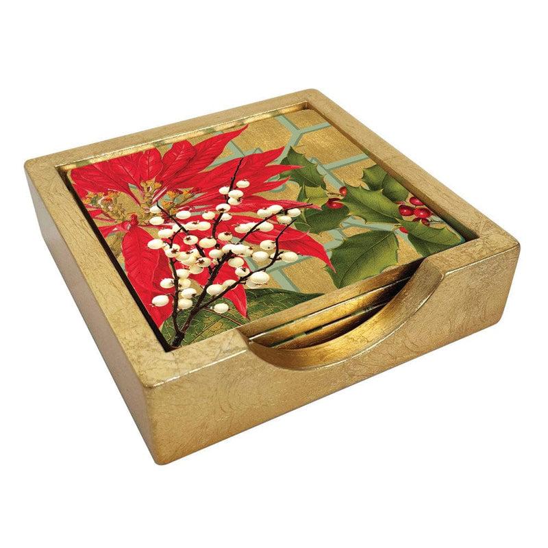 caspari Christmas Garden Coasters - Set Of 4 In Holder