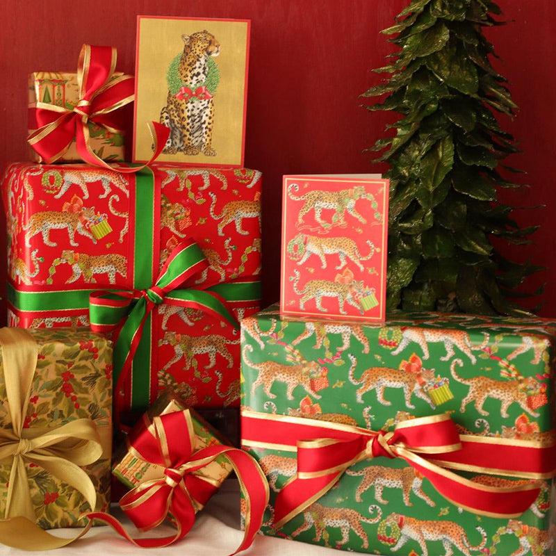 Caspari Christmas Leopards Gift Wrapping Paper In Dark Green - 30" X 8' Roll