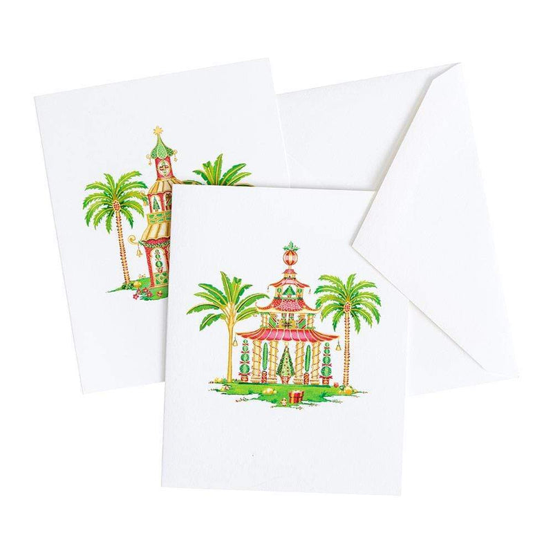 Caspari Christmas Pagodas Assorted Embossed Boxed Note Cards - 10 Note Cards & 10 Envelopes