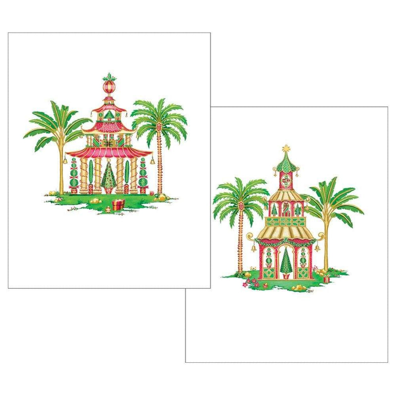 Caspari Christmas Pagodas Assorted Embossed Boxed Note Cards - 10 Note Cards & 10 Envelopes