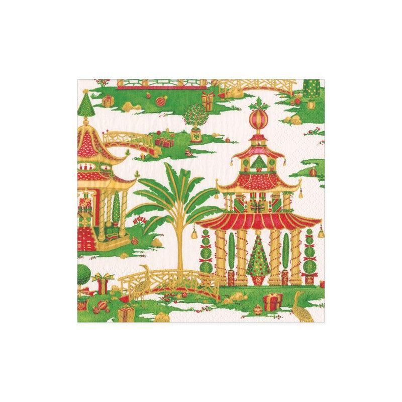 Caspari Christmas Pagodas Paper Cocktail Napkins In White - 20 Per Package