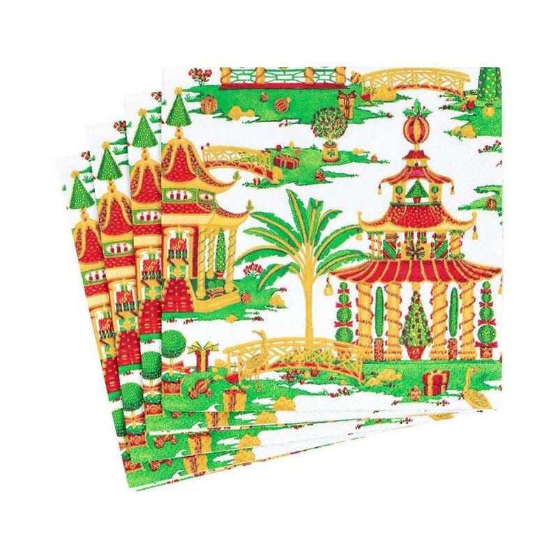 caspari Christmas Pagodas Paper Cocktail Napkins in White - 20 Per Package