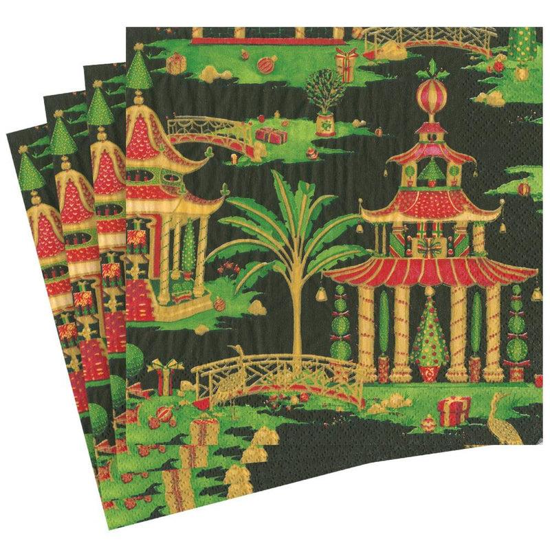 Caspari Christmas Pagodas Paper Dinner Napkins In Black - 20 Per Package