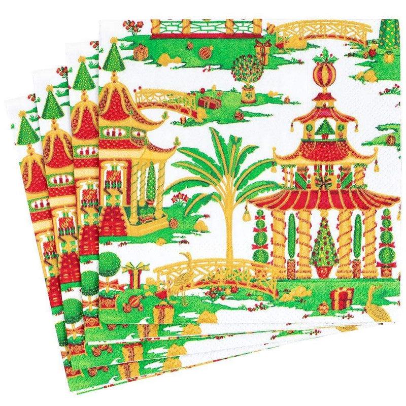 Caspari Christmas Pagodas Paper Dinner Napkins In White - 20 Per Package