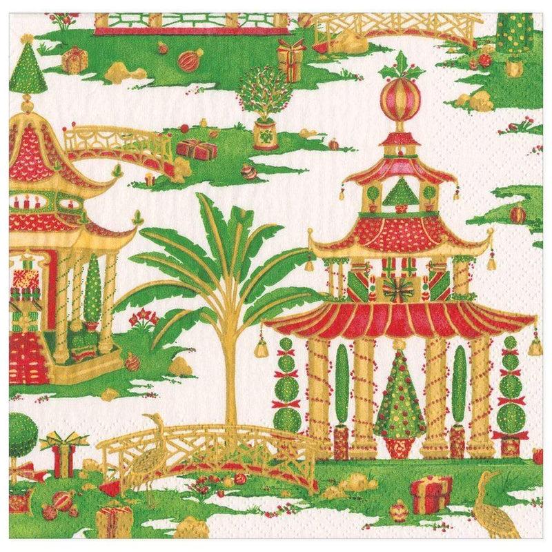 caspari Christmas Pagodas Paper Dinner Napkins in White - 20 Per Package