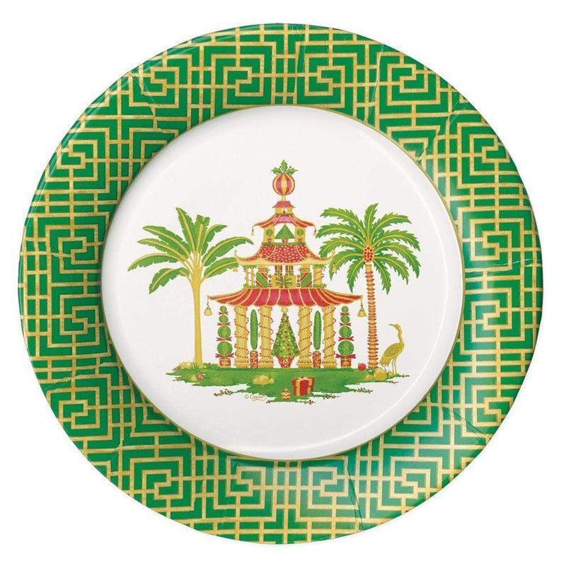 caspari Christmas Pagodas Paper Dinner Plates in White - 8 Per Package