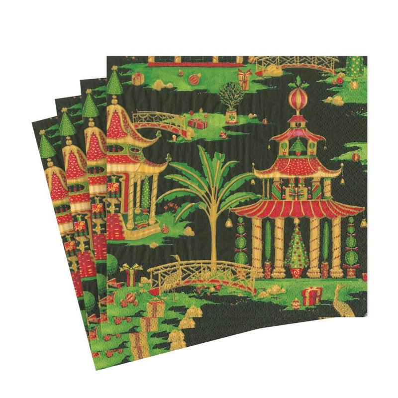 Caspari Christmas Pagodas Paper Luncheon Napkins In Black - 20 Per Package