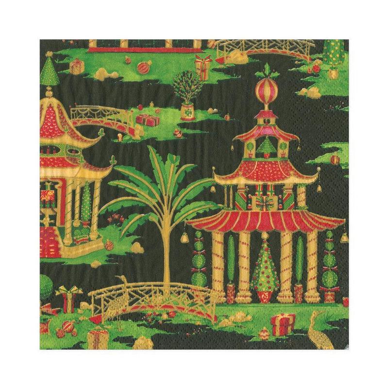 caspari Christmas Pagodas Paper Luncheon Napkins in Black - 20 Per Package