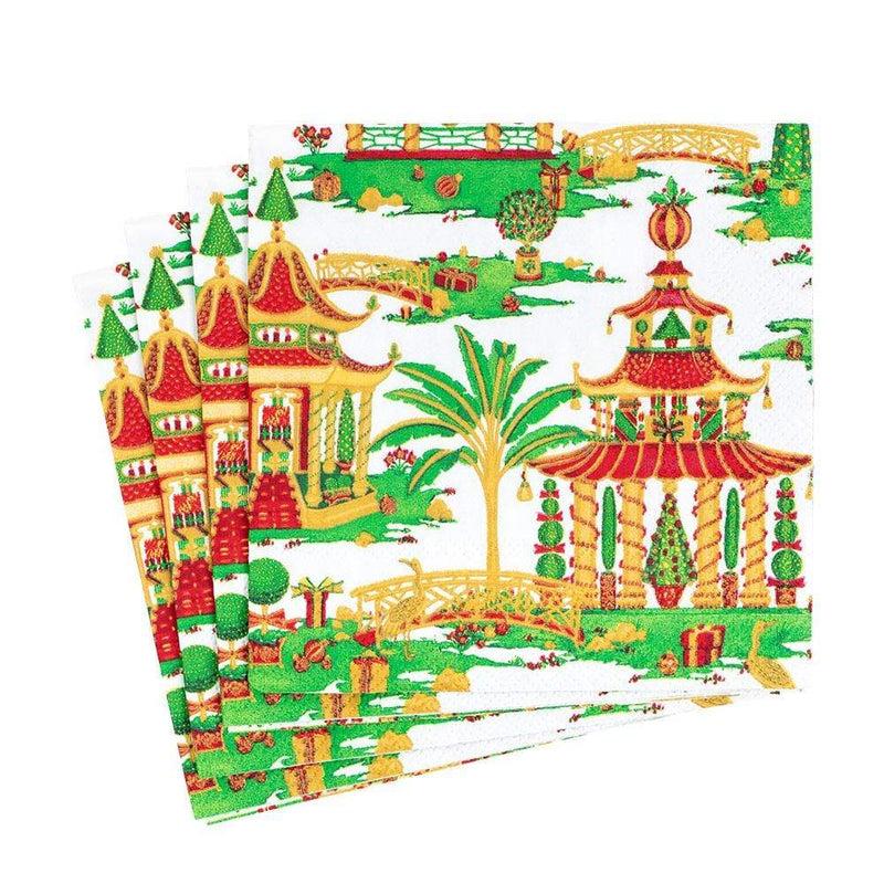 Caspari Christmas Pagodas Paper Luncheon Napkins In White - 20 Per Package