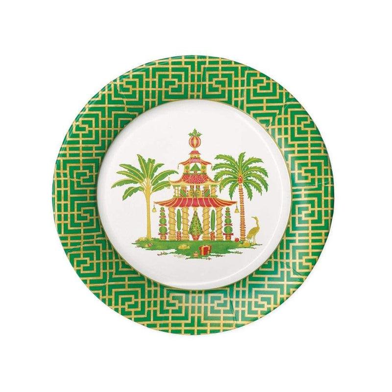 caspari Christmas Pagodas Paper Salad & Dessert Plates in White - 8 Per Package