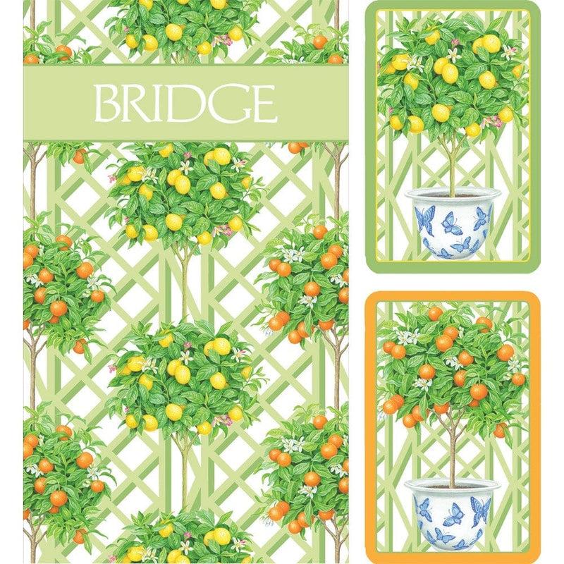 caspari Citrus Topiaries Large Type Bridge Gift Set - 2 Playing Card Decks & 2 Score Pads