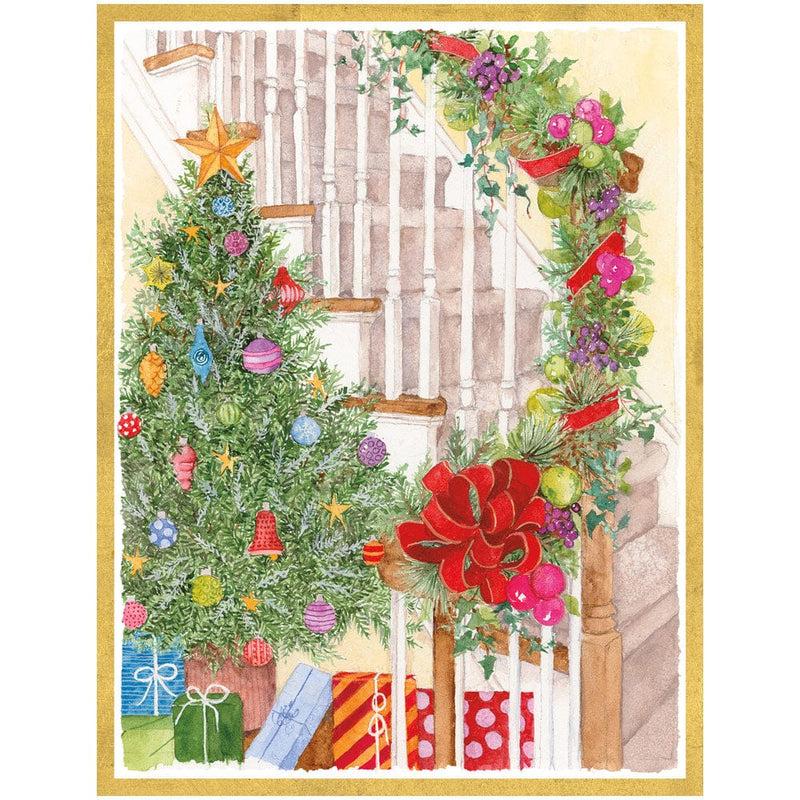 caspari Decorated Staircase And Christmas Tree Personalized Christmas Cards