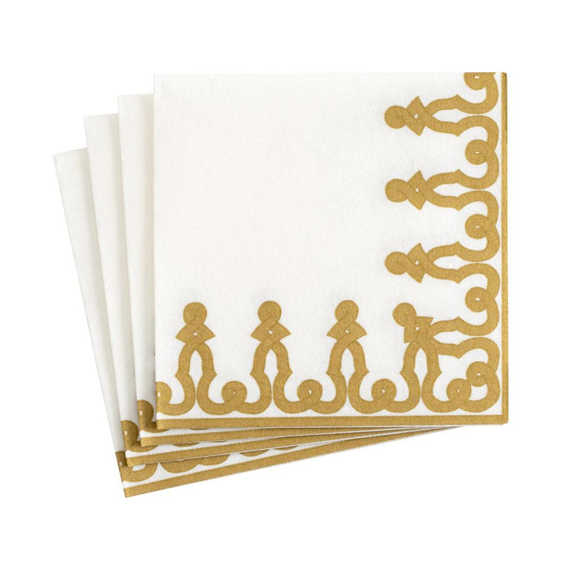 caspari Dessin Passementerie Paper Linen Cocktail Napkins in Gold - 15 Per Package